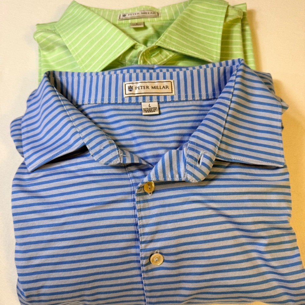 Peter Millar Polo Shirts Bundle Size L Green Blue Striped 100% Cotton 2 Pack - Picture 2 of 13